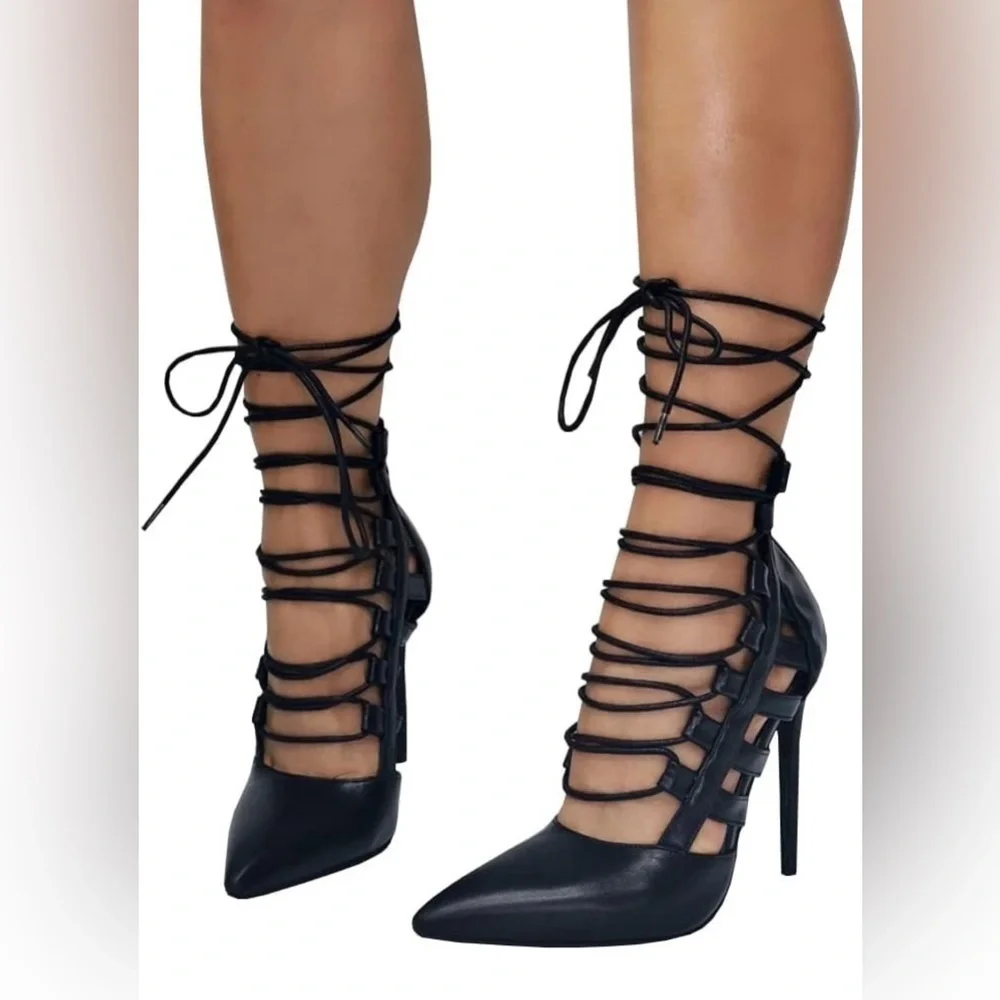 Lace Up Strappy Stiletto Pointed Toe Heels, Black 9